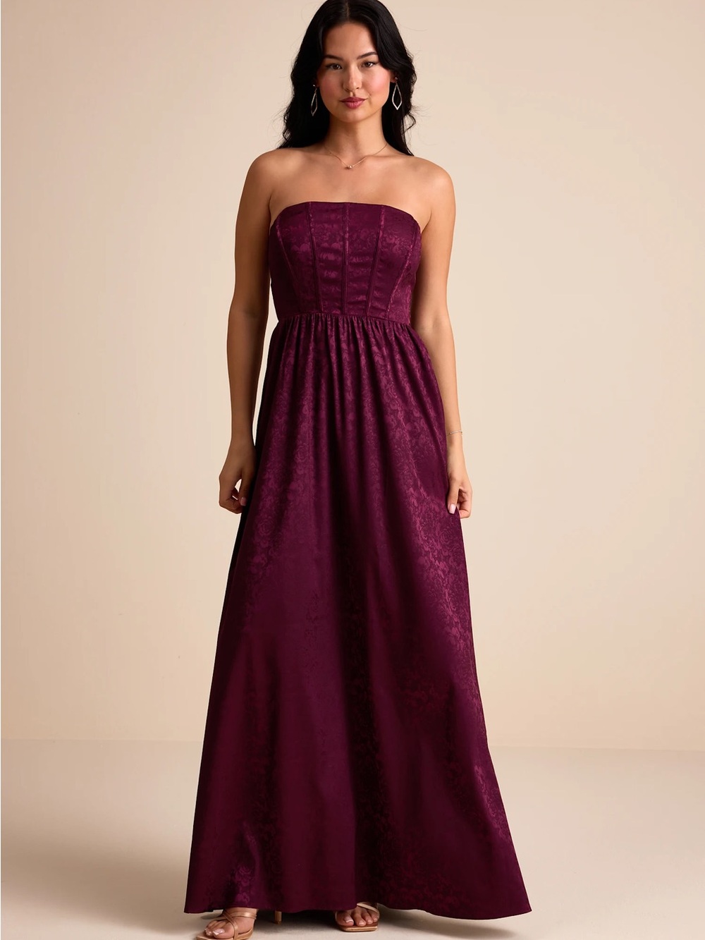 Lulu's Strapless Jacquard Maxi Dress in Plum